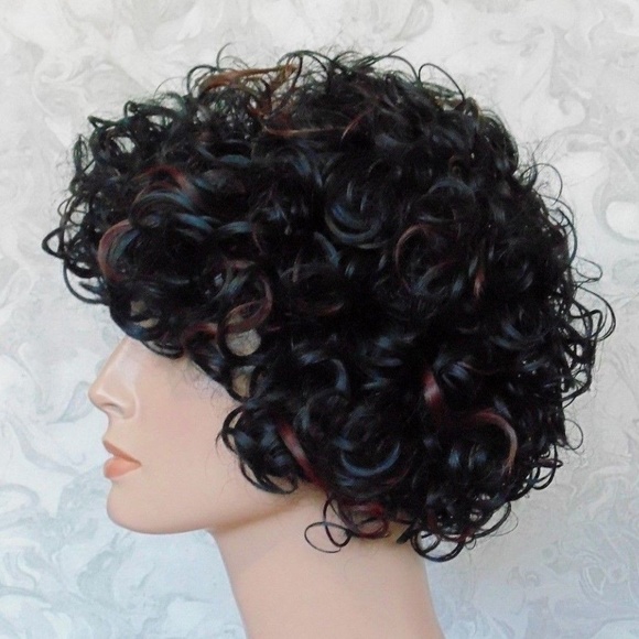 Short Curly Black Brown Highlighted Heat OK Wig main image 4